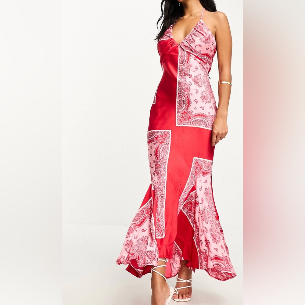 ASOS DESIGN: Petite satin halter midaxi dress in bandana print